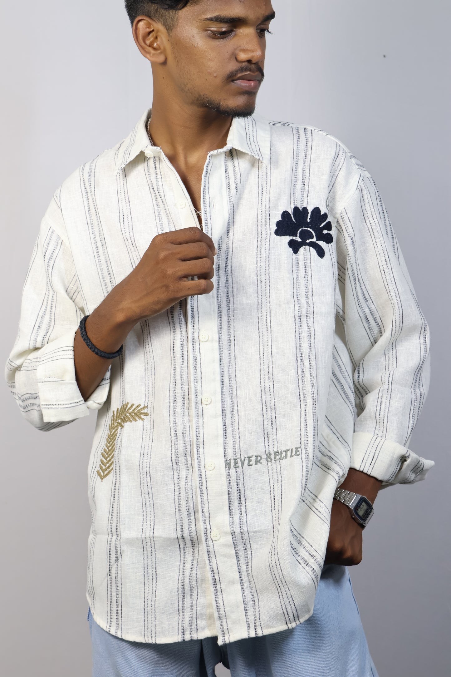 Men’s Hand-Embroidered Striped Cotton Shirt - “Never Settle” Edition
