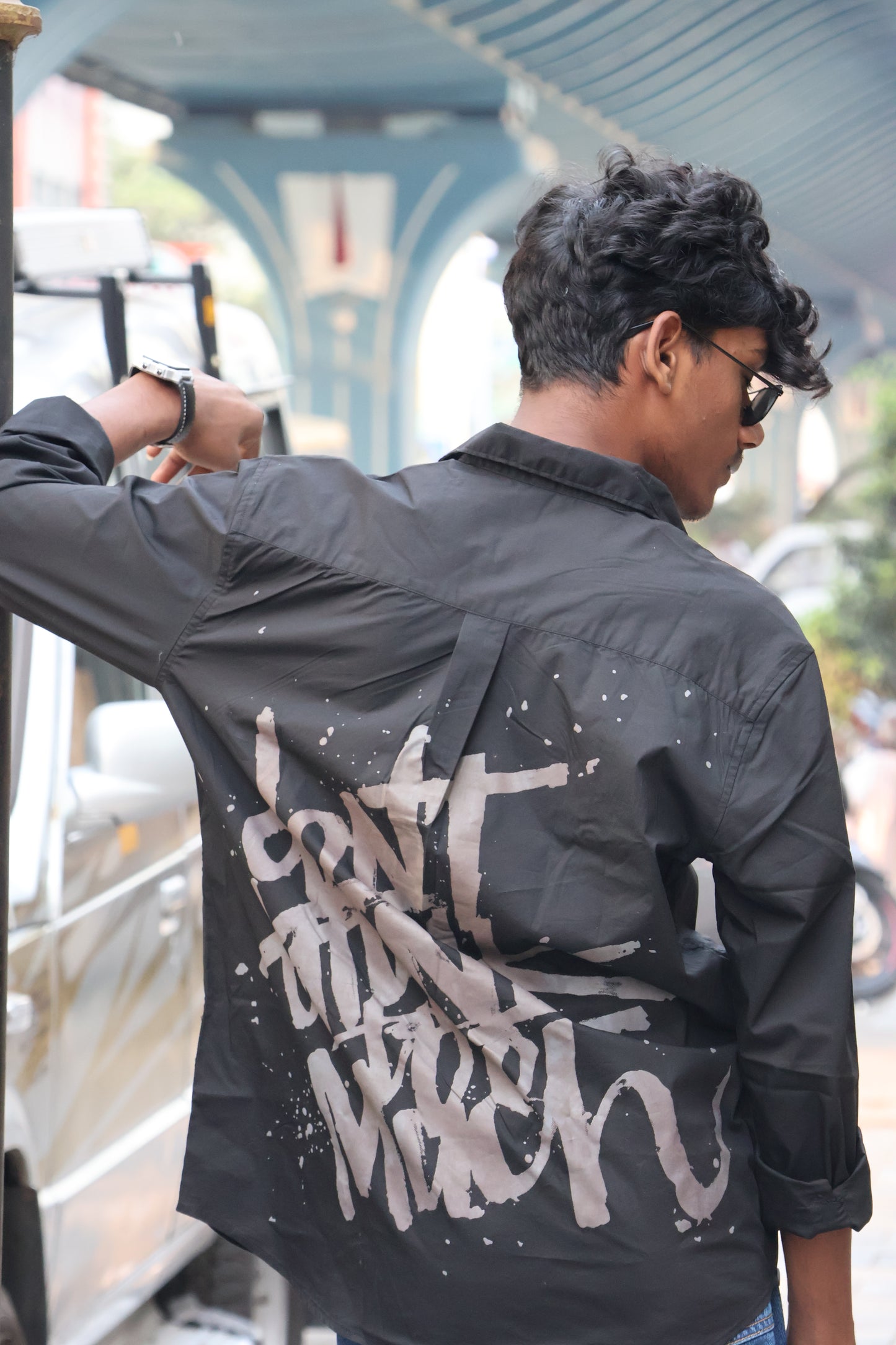 Midnight Black "Street Script" Oversized Button-Down