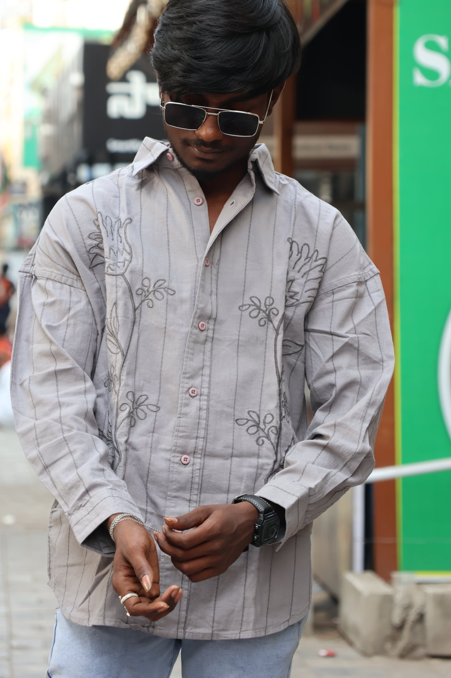 Grey Floral Embroidered Striped Shirt – Modern Statement Wear