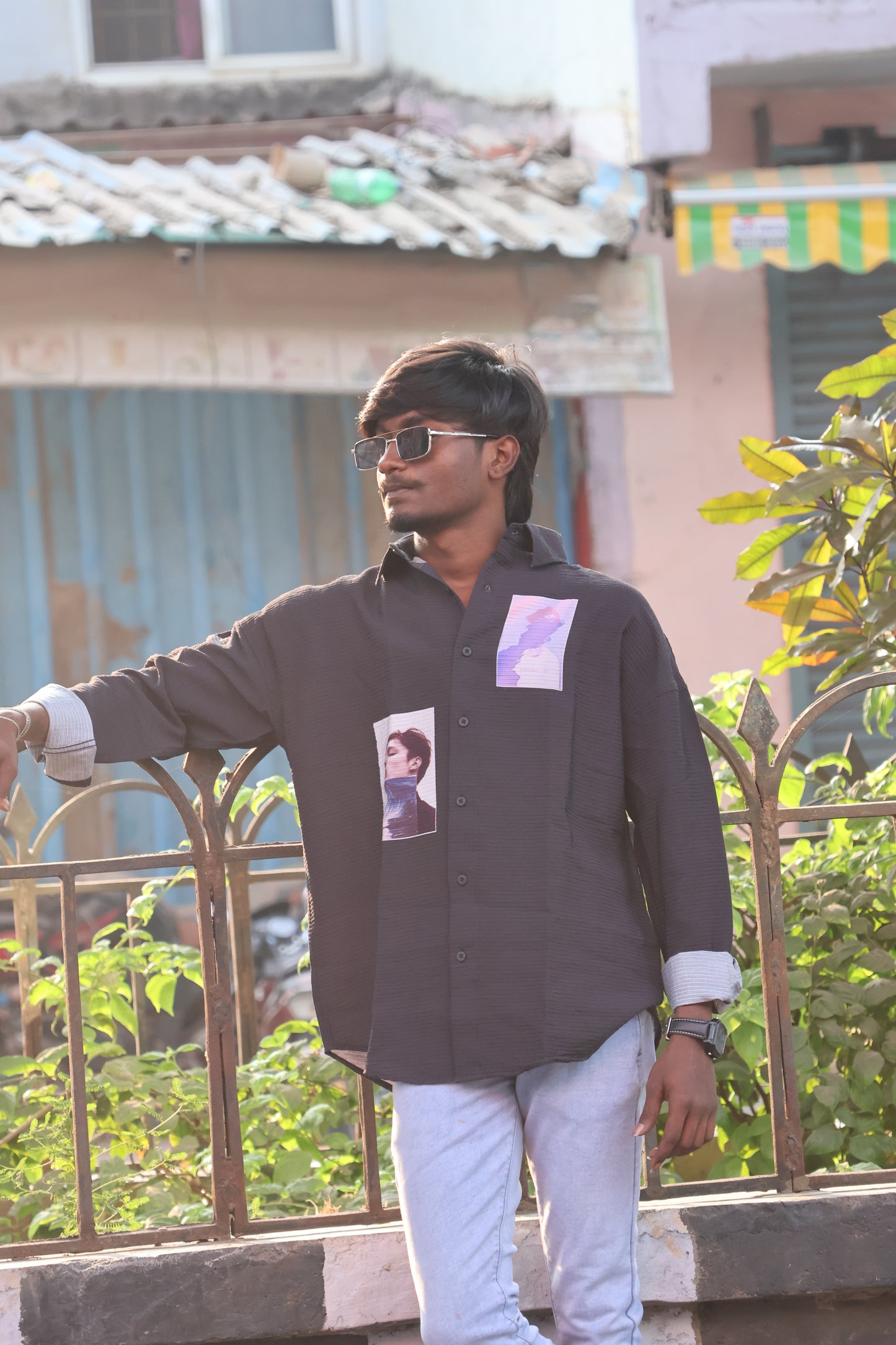 Portrait Series Ribbed Oversized Shirt - Charcoal