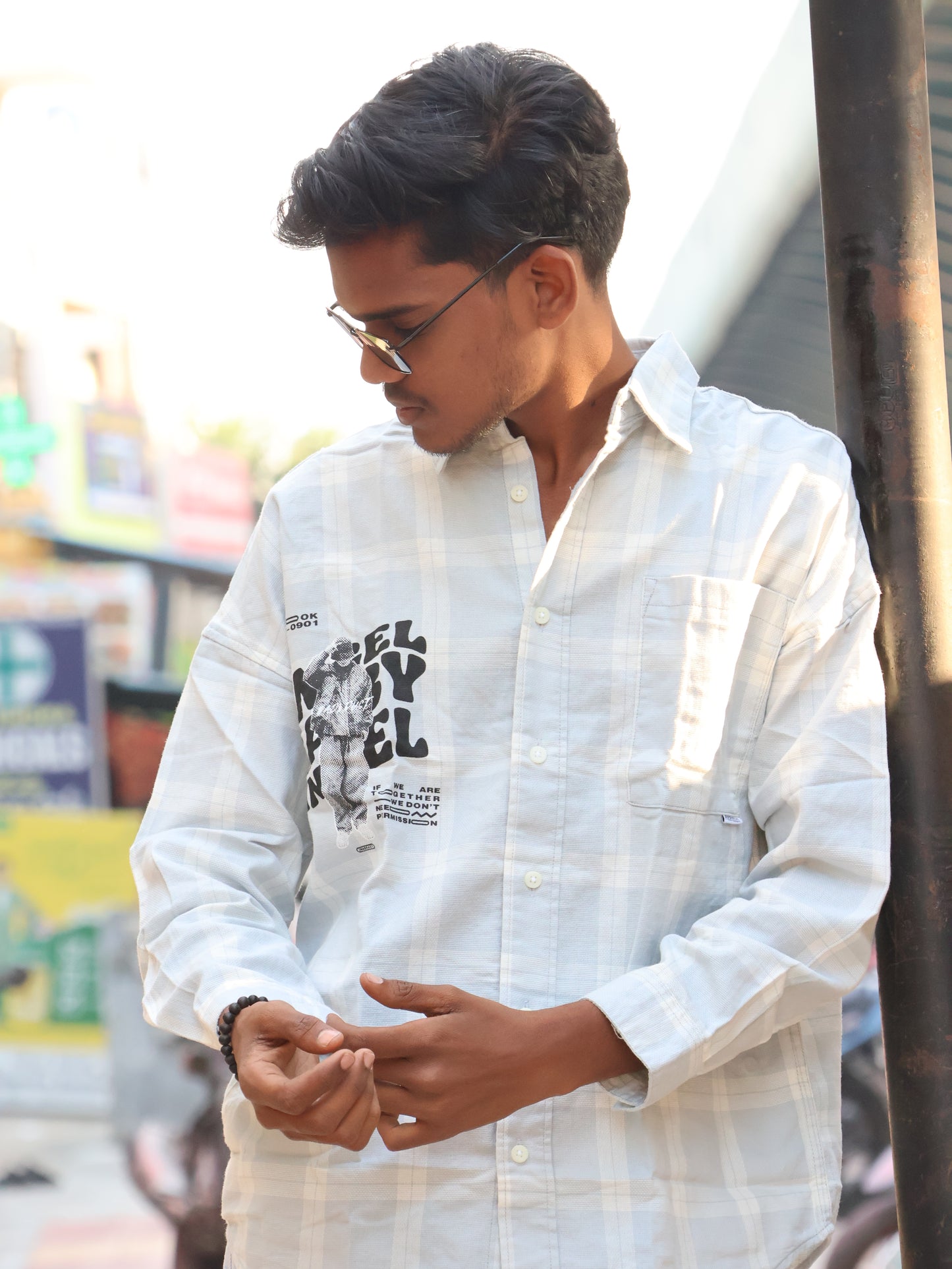 No Permission" Graphic Flannel – Ice Blue Plaid shirt