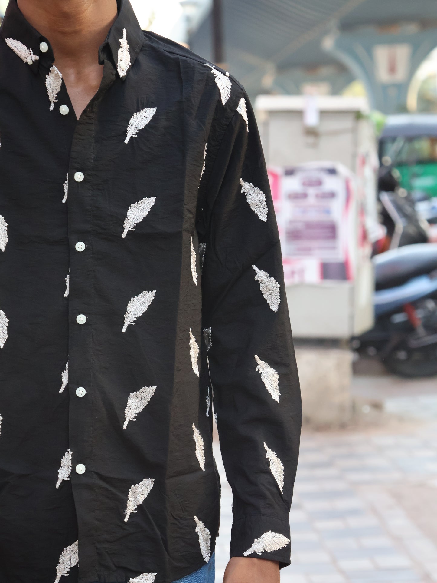Midnight Feather Embroidered Button-Down