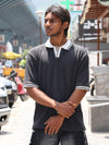 Textured Knit Oversized Polo – Charcoal Black
