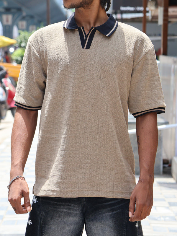 Textured Knit Oversized Polo – Desert Sand