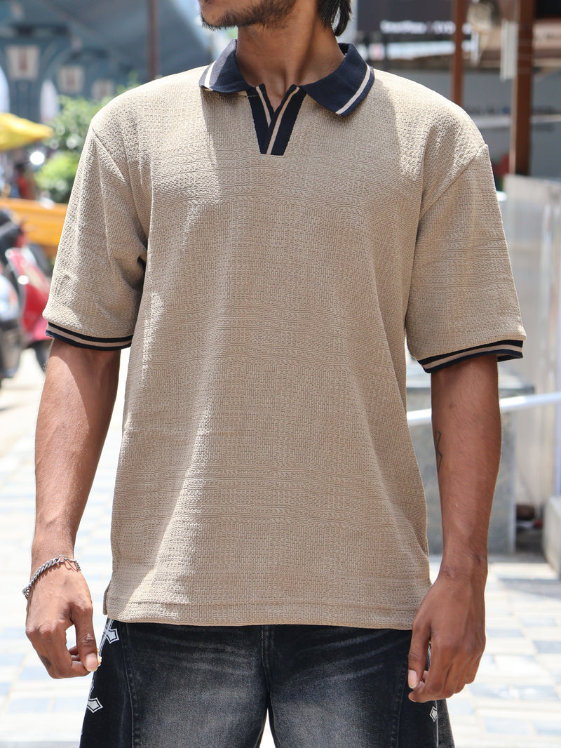 Textured Knit Oversized Polo – Desert Sand
