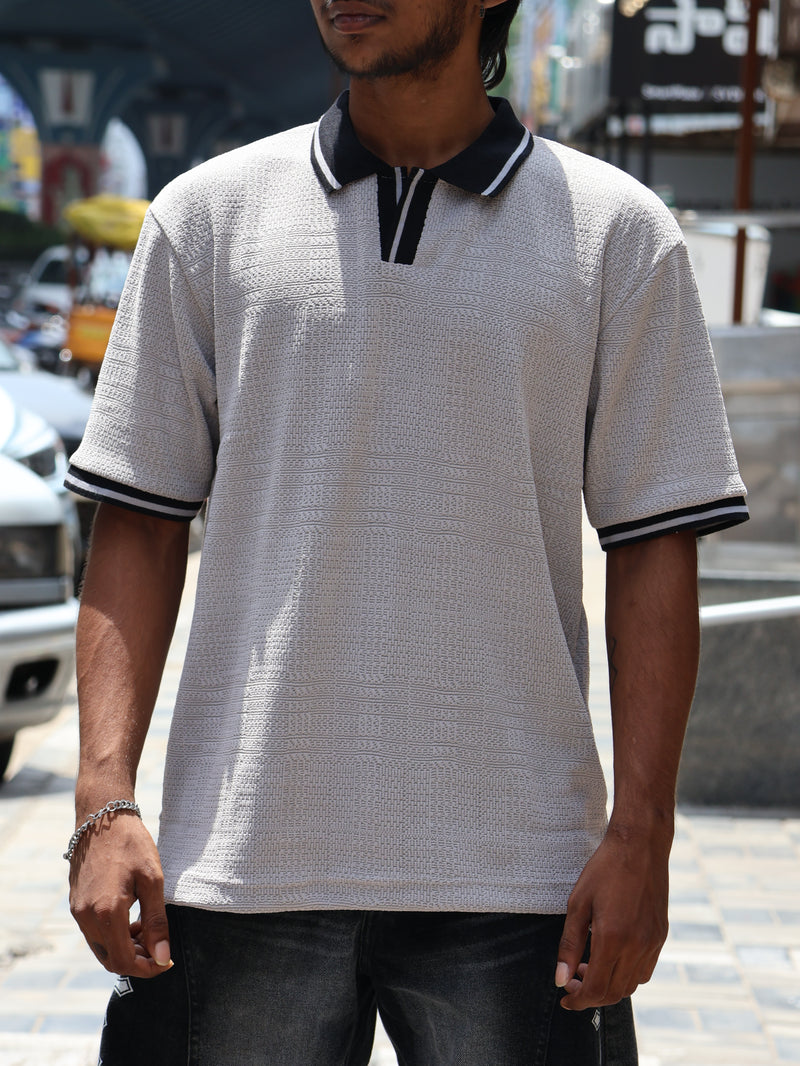 Textured Knit Oversized Polo – Light Grey