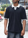 Textured Knit Oversized Polo – Pitch Black