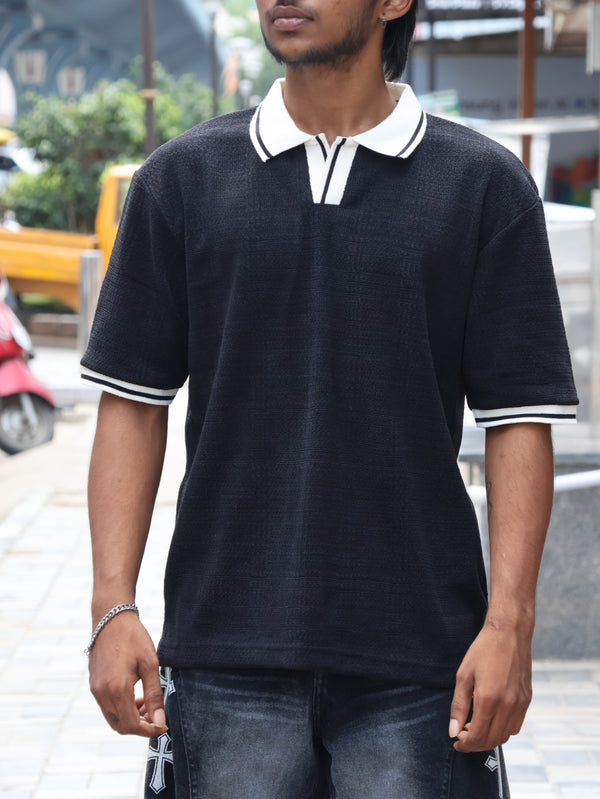 Textured Knit Oversized Polo – Pitch Black