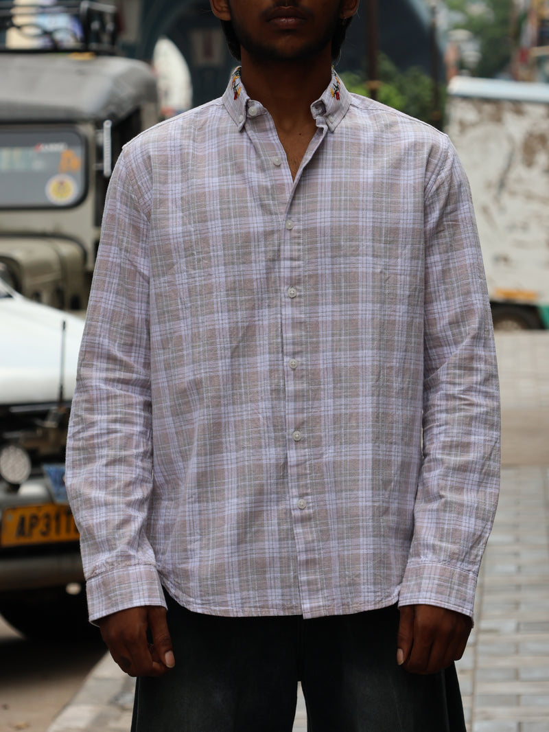Embroidered Collar Plaid Long-Sleeve Shirt