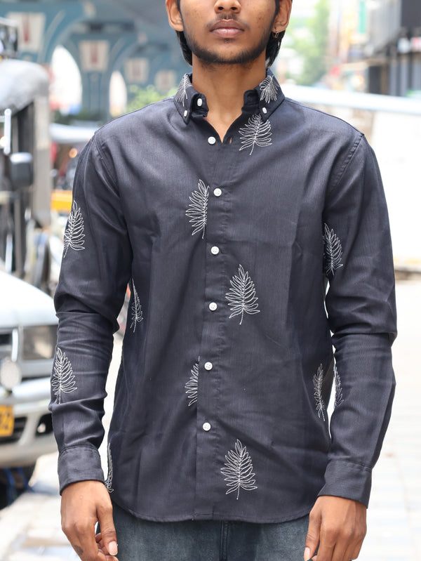 Embroidered Fern Leaf Button-Down Shirt