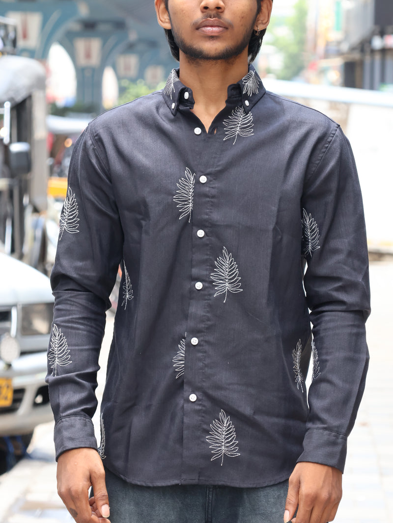 Embroidered Fern Leaf Button-Down Shirt