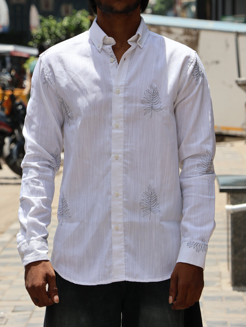 Minimalist Embroidered Leaf Button-Down Shirt