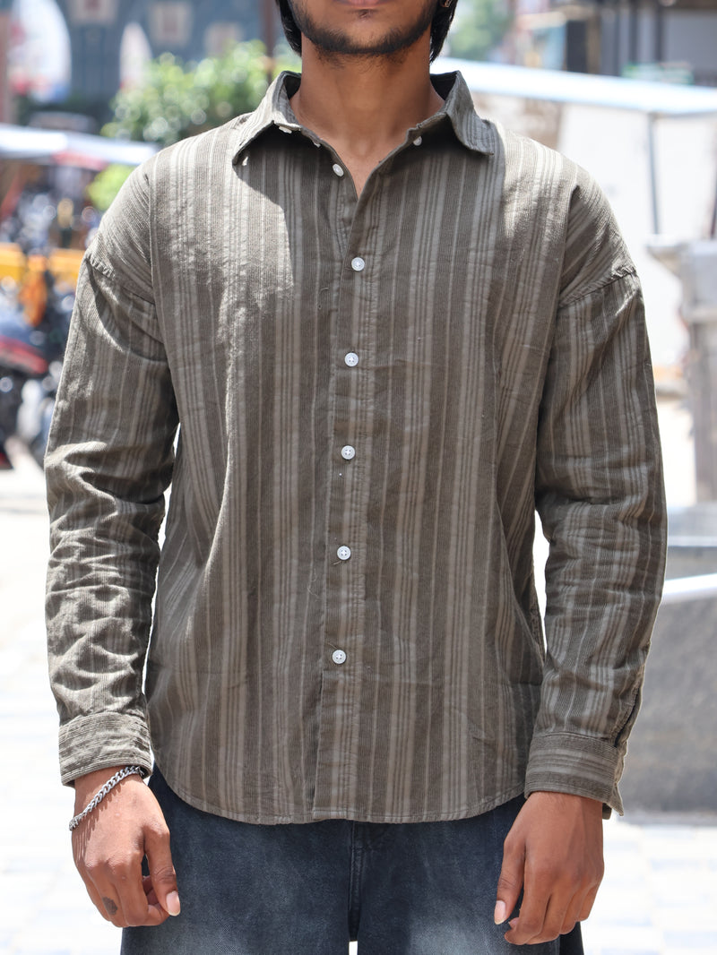 Relaxed Fit Striped Corduroy Shirt – Olive Earth