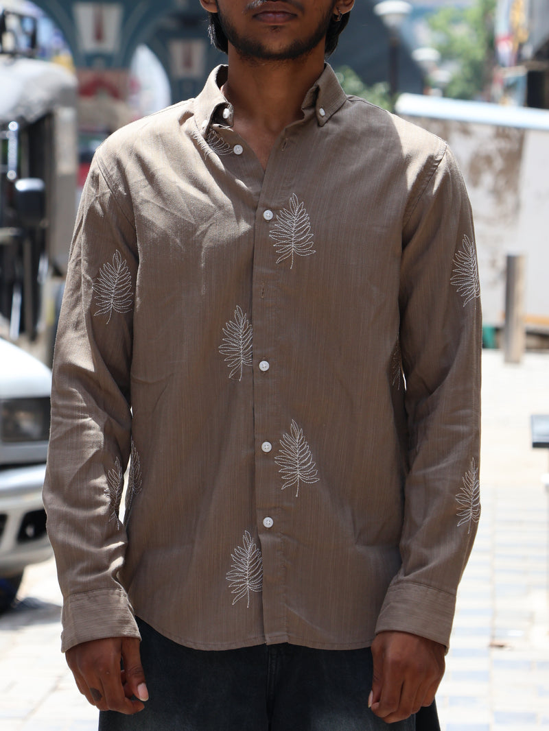 Embroidered Fern Leaf Button-Down Shirt – Earthy Espresso Brown