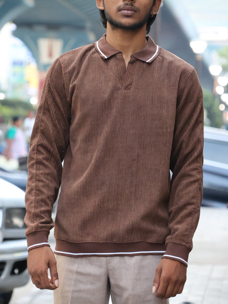 Textured Corduroy Pullover Polo – Rich Chocolate Brown