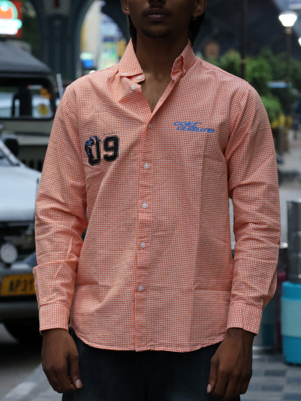 The "Cold Culture" Graphic Micro-Check Shirt — Apricot Peach