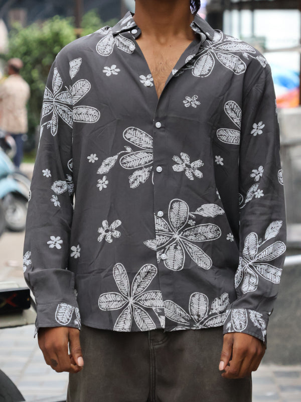Resort Floral Casual Button-Down Shirt — Charcoal Grey