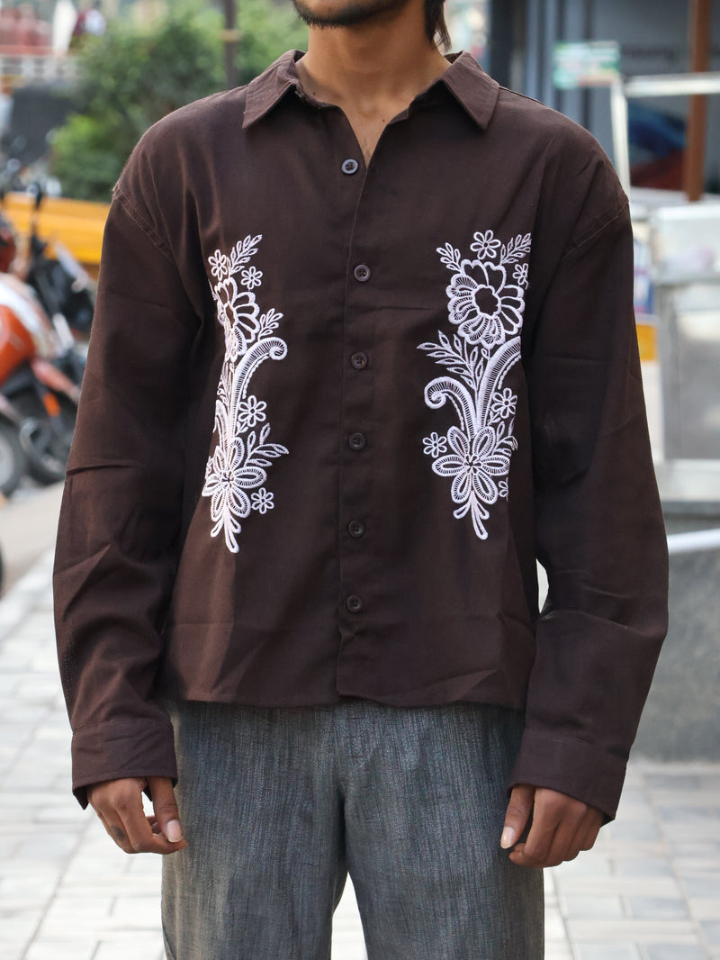 Retro Floral Embroidered Button-Down Shirt – Earthy Espresso