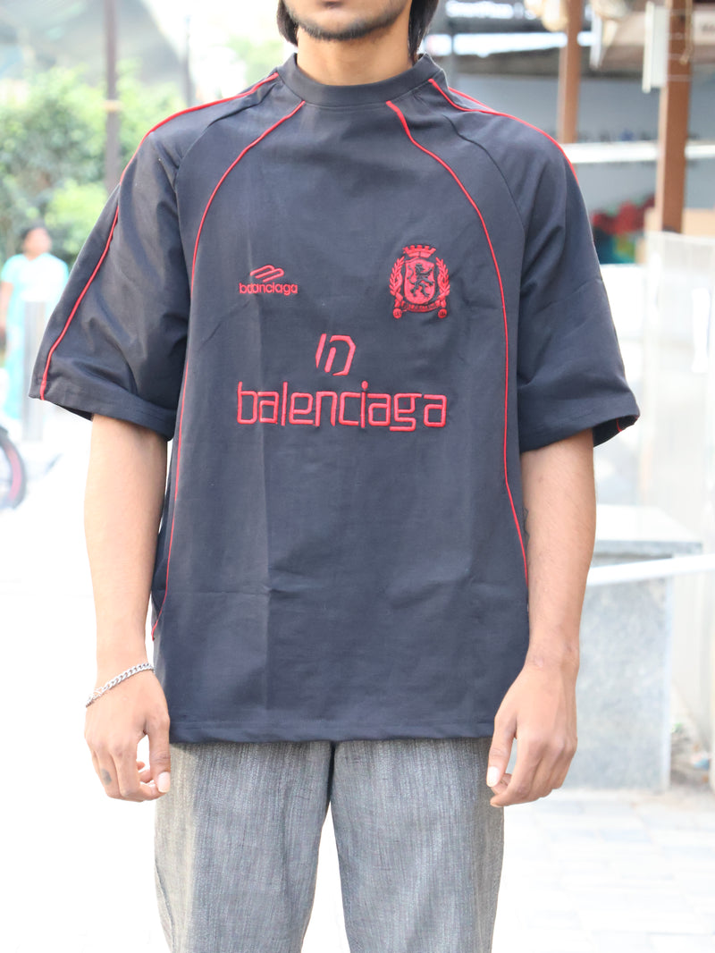 Athletic Crest Embroidered Oversized Tee – Pitch Black & Crimson