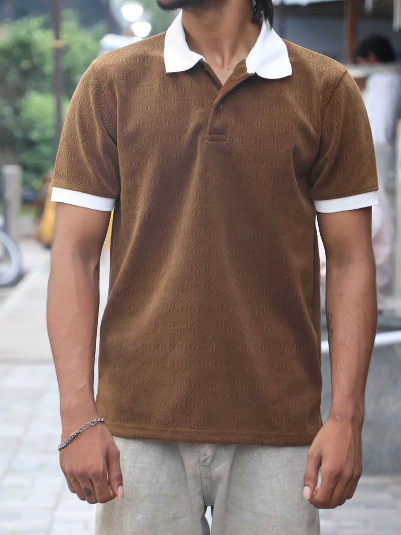 Textured Geometric Knit Polo - Earthy Espresso