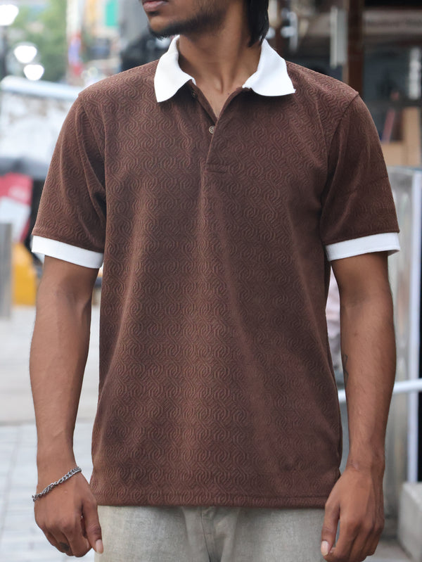 Textured Geometric Knit Polo - Earthy Espresso