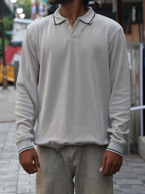 Long Sleeve Ribbed Knit Polo - Ash Grey