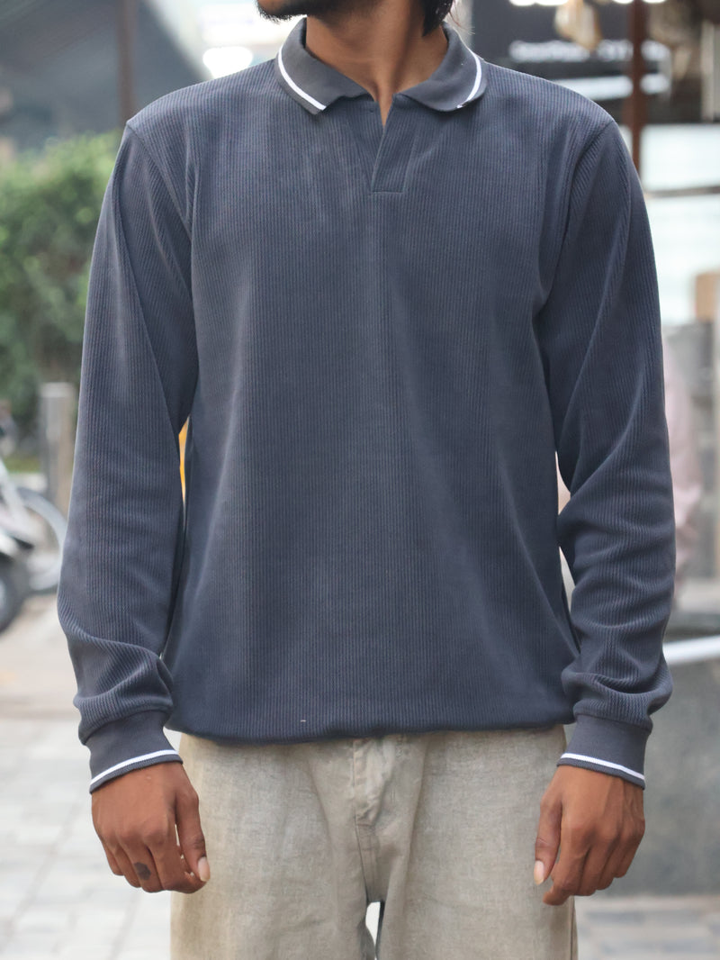 Long Sleeve Ribbed Knit Polo - Charcoal Obsidian