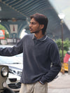 Long Sleeve Ribbed Knit Polo - Charcoal Obsidian