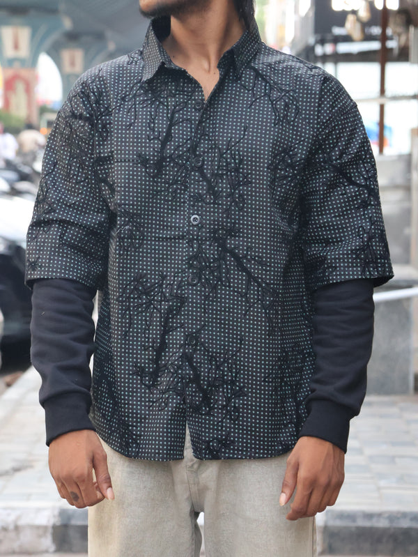 Double-Sleeve Flocked Pattern Grid Shirt - Obsidian Night