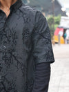 Double-Sleeve Flocked Pattern Grid Shirt - Obsidian Night