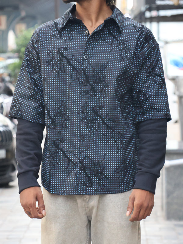 Layered Flocked Grid Shirt - Obsidian & Electric Cyan