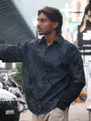 Layered Flocked Grid Shirt - Obsidian & Electric Cyan