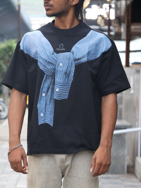 "Tied Shirt" Trompe L'oeil Heavyweight Tee - Pitch Black