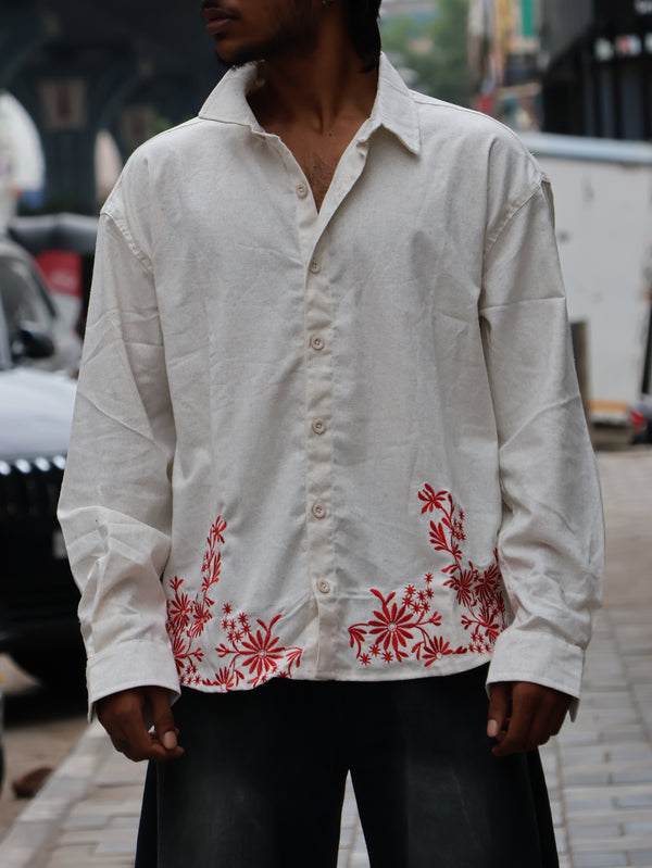 Crimson Floral Embroidered Textured Linen Shirt