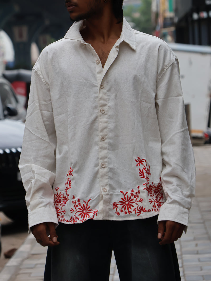 Crimson Floral Embroidered Textured Linen Shirt