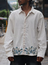 Blue Floral Embroidered Textured Linen Shirt