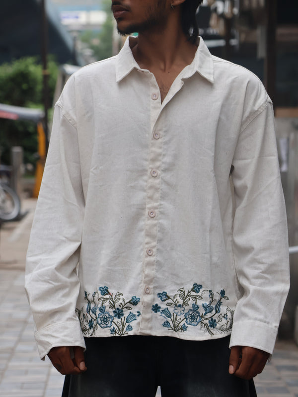Blue Floral Embroidered Textured Linen Shirt