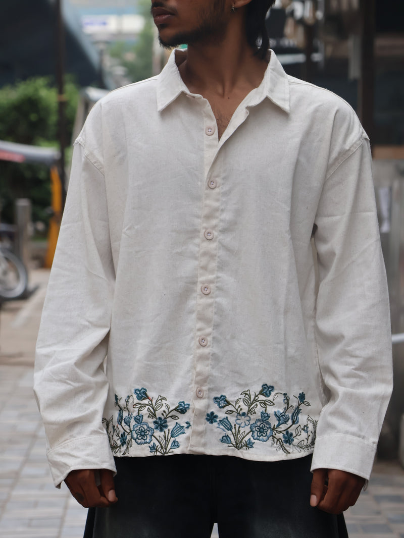 Blue Floral Embroidered Textured Linen Shirt