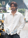 Blue Floral Embroidered Textured Linen Shirt