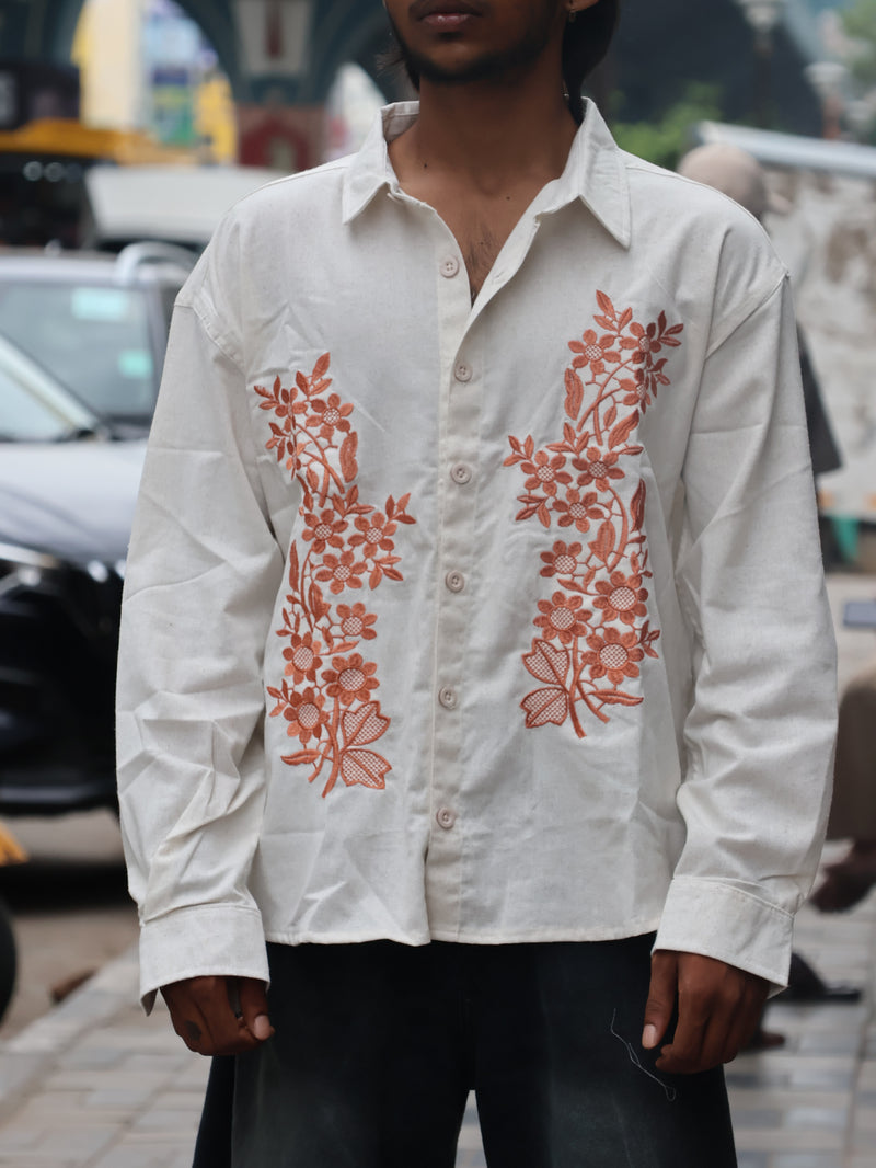 Terracotta Floral Embroidered Textured Linen Shirt