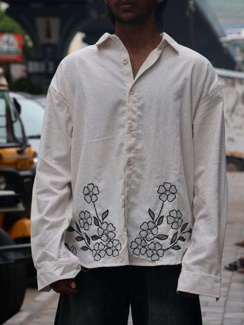 Noir Floral Embroidered Textured Linen Shirt