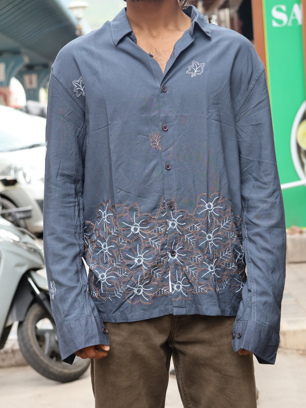 Charcoal Botanical Embroidered Long Sleeve Shirt
