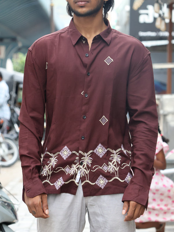 Earthy Espresso Palm Geometric Embroidered Long Sleeve Shirt