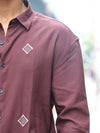 Earthy Espresso Palm Geometric Embroidered Long Sleeve Shirt