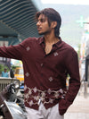 Earthy Espresso Palm Geometric Embroidered Long Sleeve Shirt