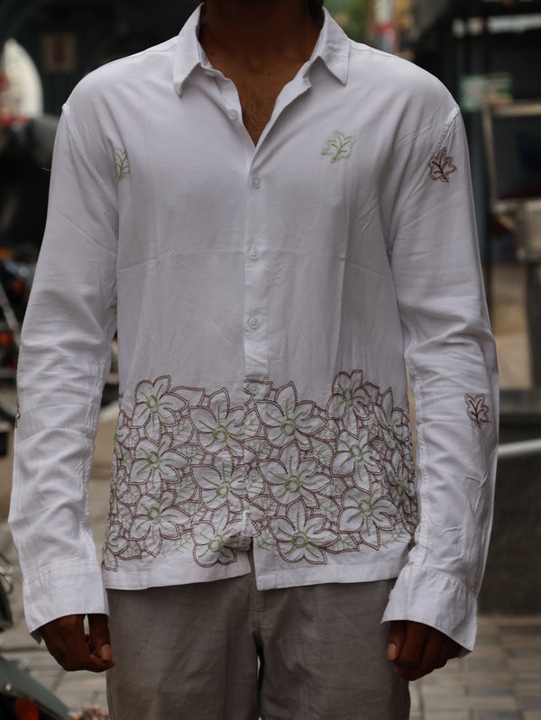 Crisp White Botanical Embroidered Long Sleeve Shirt