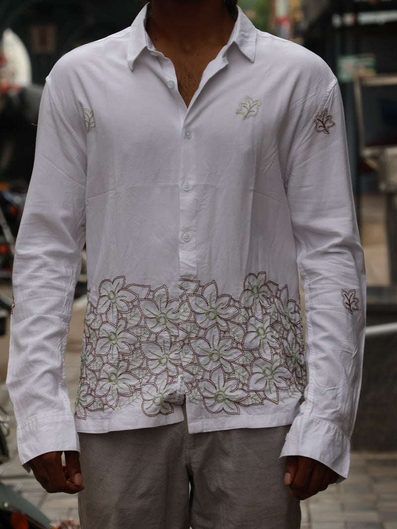 Crisp White Botanical Embroidered Long Sleeve Shirt