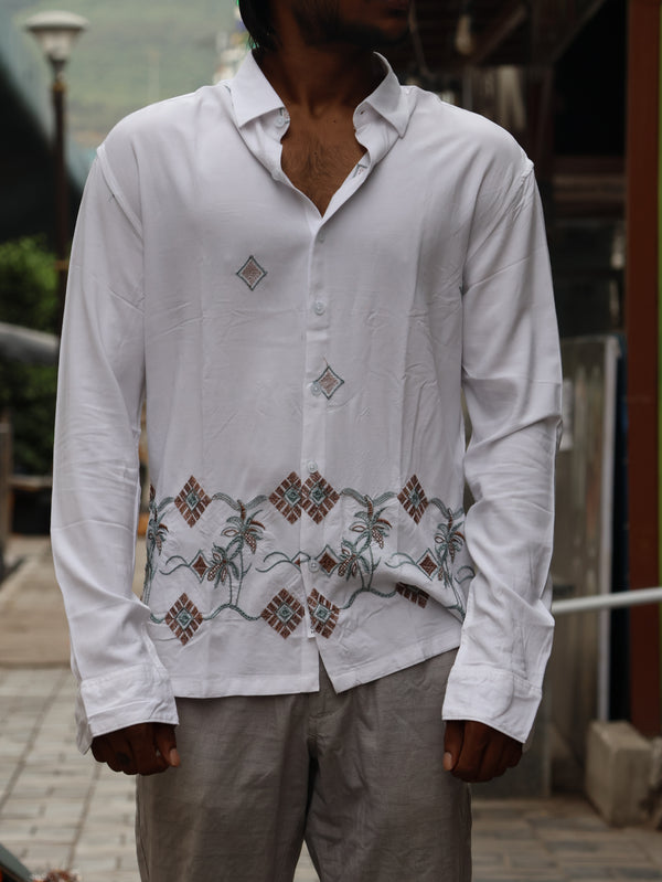Pure White Palm Geometric Embroidered Long Sleeve Shirt