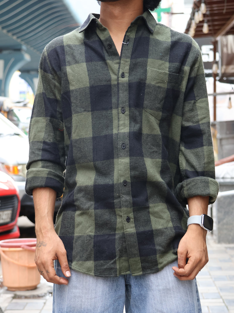 Olive Green & Black Checked Shirt