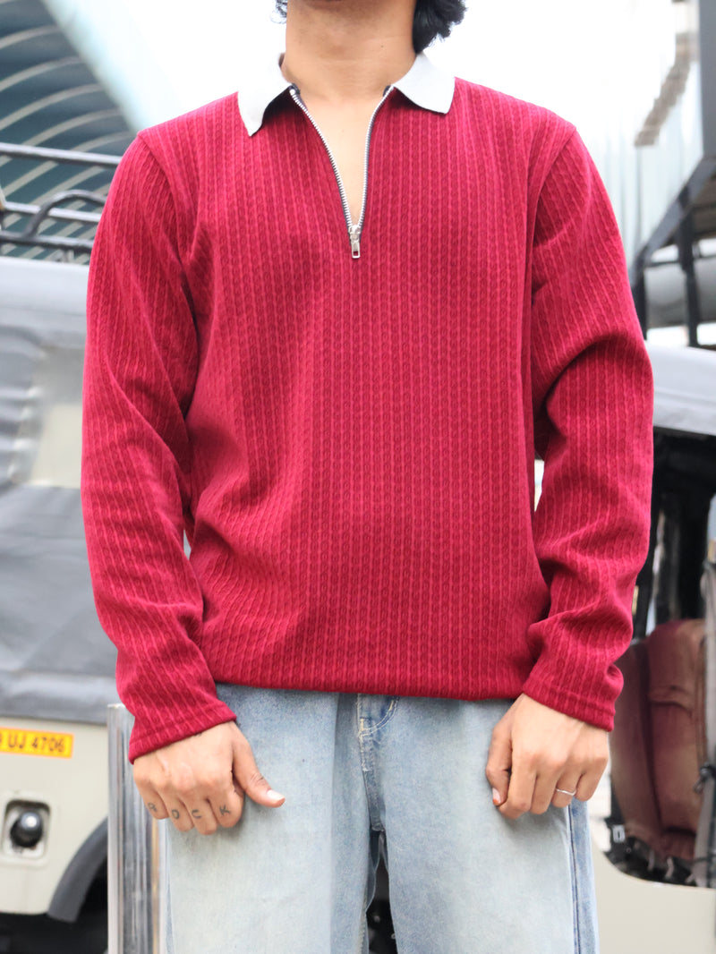 Textured Half-Zip Polo – Red